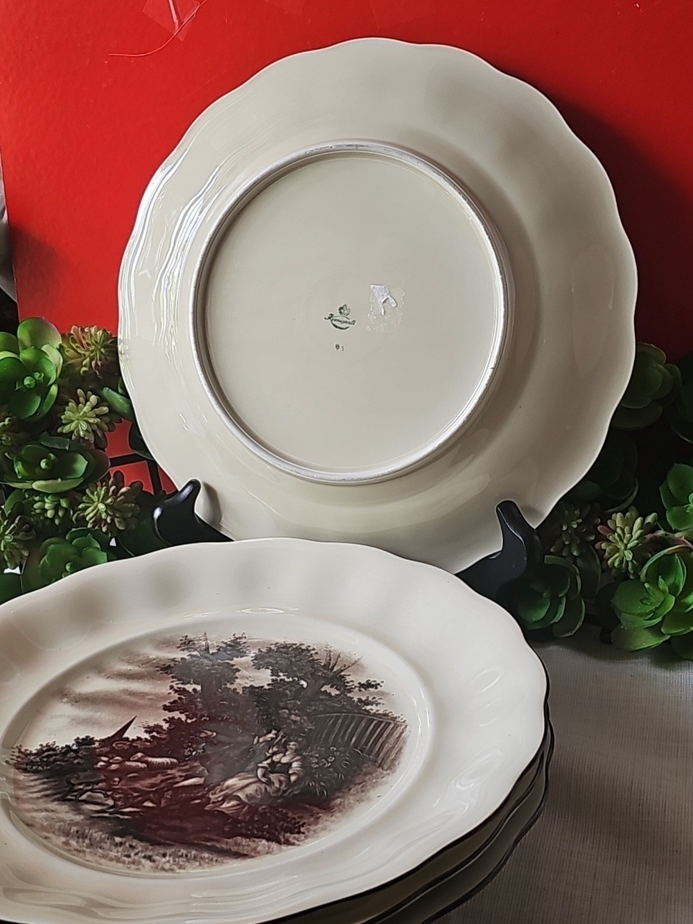 Vintage Beige Dinner Plates with Brown Scenic Transferware, Set Of 2 - Picture 5 of 6